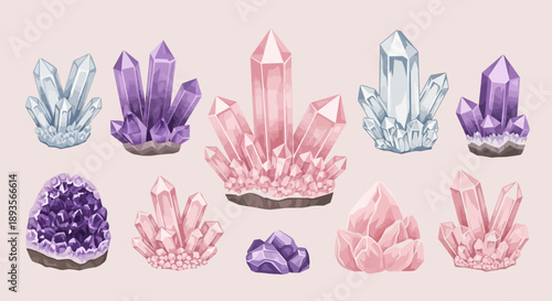 Collection of various natural healing crystals and gemstones on an isolated light pink background