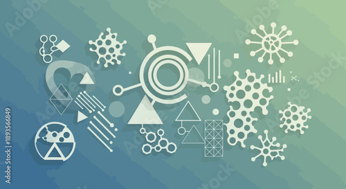Abstract scientific background with interconnected icons representing viruses, molecules, research, and data, symbolizing health technology and analysis on a green gradient.