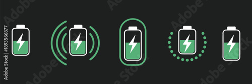 Fast Charge Symbol Icon Set Vector Illustration, Five Green Designs Representing Wireless Charger, Phone Charging, Energy Flow, and Modern Technology Concept.