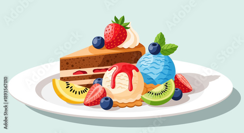 Delicious slice of chocolate cake with vanilla and blueberry ice cream, topped with fresh strawberries, blueberries, and kiwi slices on a plate.