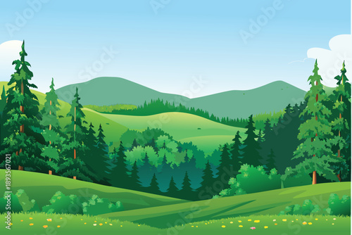 A vibrant landscape depicts rolling green hills dense forests and a clear sky
