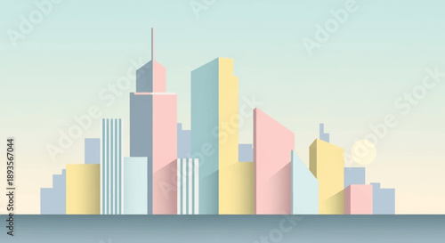 Colorful modern city skyline with abstract buildings and minimalist architecture under a bright sky.
