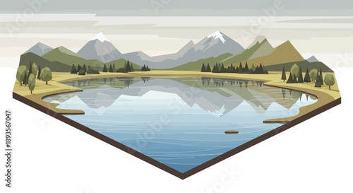 Peaceful natural landscape with a calm lake reflecting mountains and a dense forest under a clear sky.