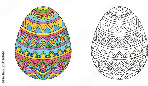 Easter egg vector set with colored and outline version for coloring book page, ornamental spring holiday symbol illustration