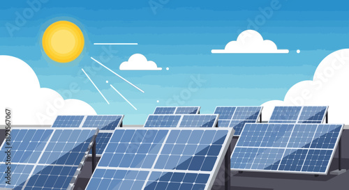 Solar panels on a green field under a clear blue sky with a bright sun, symbolizing renewable energy and sustainability.