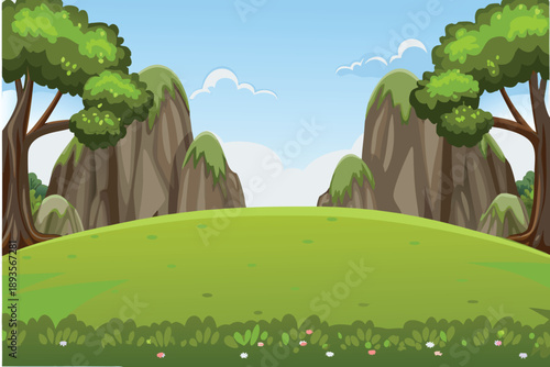 A vibrant landscape depicts rolling hills mountains lush trees and a clear sky
