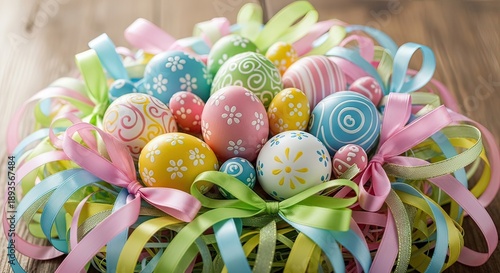 Colorful Easter eggs decorated with intricate patterns nestled in a festive ribbon arrangement, celebrating spring traditions