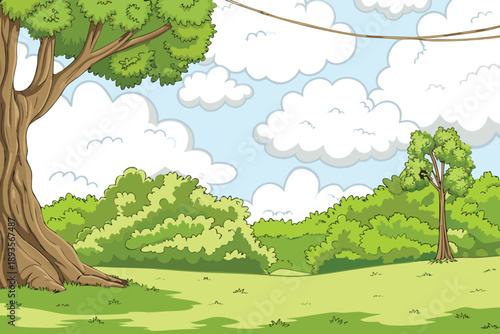 A vibrant illustration depicts a lush green meadow and a bright blue sky