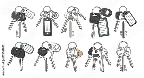 Collection of various metal keys with keychains and tags illustration