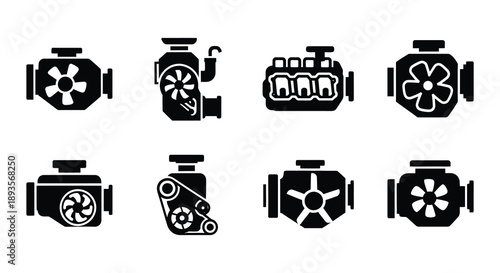 Black and white icons depicting various engine designs and components