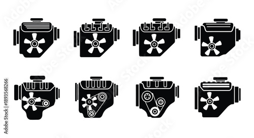 Black and white icons depicting various engine designs and components