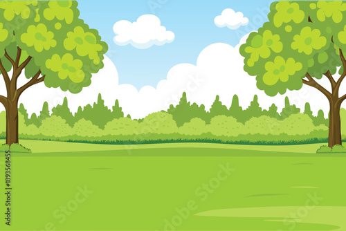 A bright cheerful landscape displays green trees grass and a clear blue sky