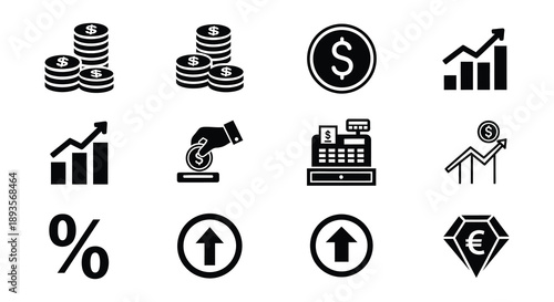 Financial icons depicting growth money and economic concepts in black