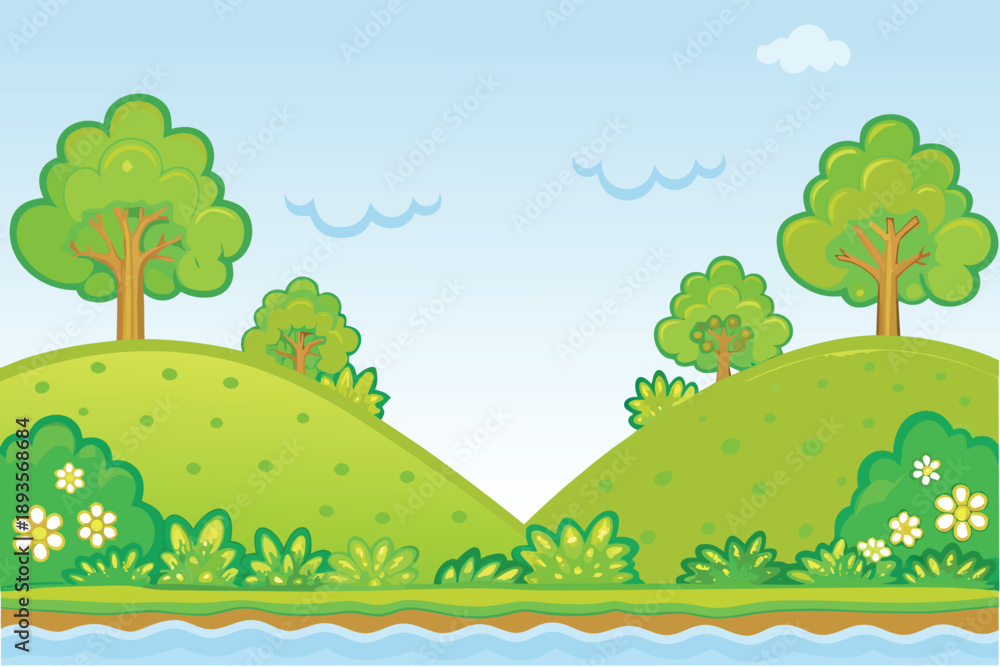 Naklejka premium A cheerful cartoon landscape features green hills trees a blue sky and clouds
