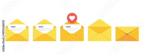 Letter Envelope with Paper Document Vector Illustration, Closed and Open Mail with Message, E-Mail Envelopes, Flat Style Mailbox and Communication Concept.