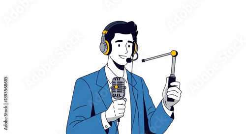 Man with headphones and microphone broadcasting live podcasting or news reporting flat vector illustration for media and communication concepts