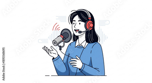 Woman with headset speaking into microphone illustration for podcasting voiceover or customer service flat design vector