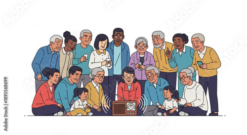 Diverse multi-generational family gathered around an old radio enjoying music and togetherness illustration for communication and nostalgia concepts