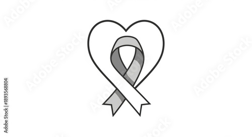 Gray ribbon inside a heart outline symbol of awareness and support for various causes isolated on white background
