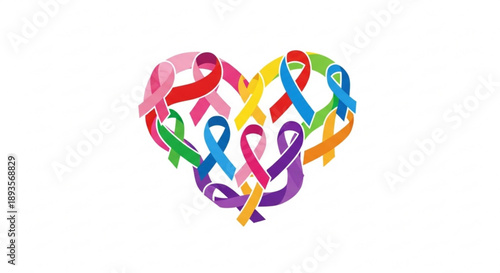 Heart shape made of colorful awareness ribbons symbolizing unity and support for various causes isolated on white background