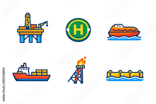 Oil rigs and transportation symbols in a simple design showing offshore activities and marine services