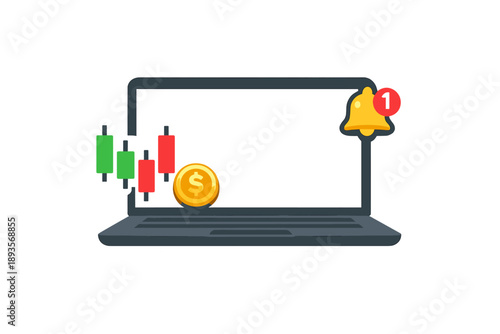 Chart analysis on computer with alert notification and currency symbol during trading hours