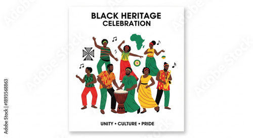Black Heritage Celebration illustration diverse people dancing and playing music with African symbols concept of unity culture and pride for events and design