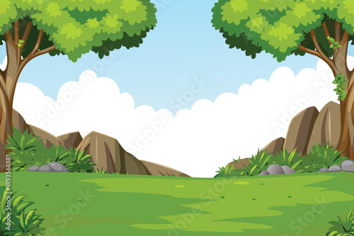 A bright idyllic landscape featuring green trees rocks and a clear blue sky