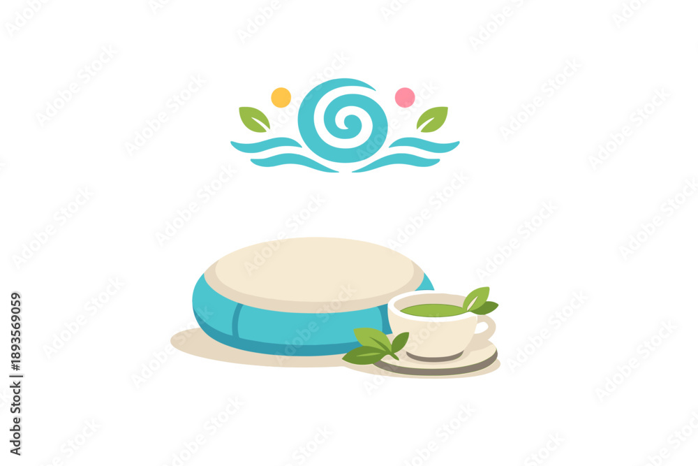 Naklejka premium Relaxing moment with a cup of tea and a round cushion by the water under a sunny sky in a quiet setting