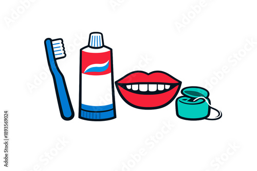 Bright teeth and dental care items displayed on a white background with a toothbrush, toothpaste, mouth, and dental floss