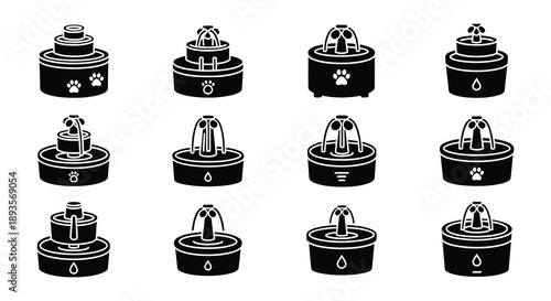 Black and white illustrations of various pet water fountain designs