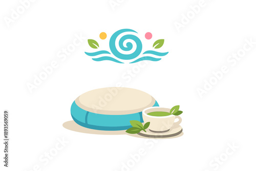 Relaxing moment with a cup of tea and a round cushion by the water under a sunny sky in a quiet setting