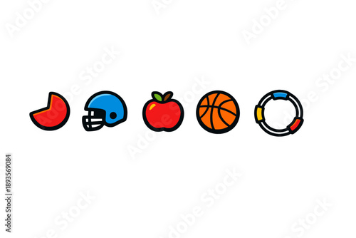 Different symbols representing food and sports found in a simple design on a white background during a creative art session