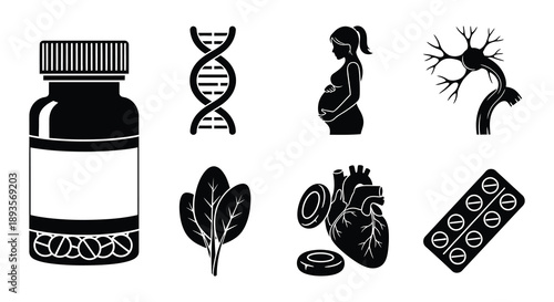 Medical and biological symbols including dna pills and a pregnant woman