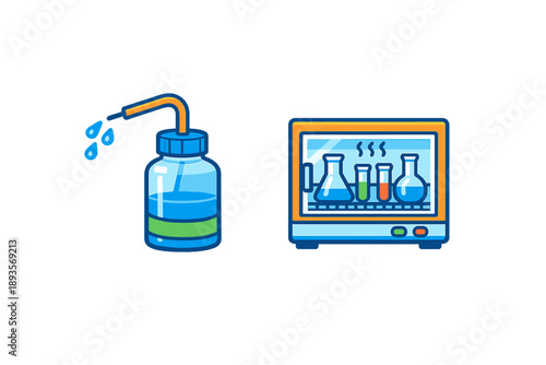 Water bottle and laboratory equipment with colorful liquids on display set in a clean background during a science experiment