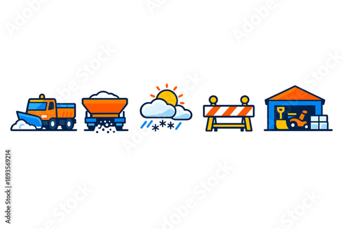 Snow removal process with snowplow, salt truck, weather change, construction barriers, and storage area in a city during winter