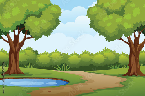 A vibrant illustration depicts a winding path through lush greenery and trees high quality