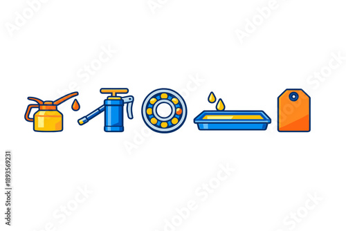 Tools and supplies for automotive maintenance displayed in a row, used for various tasks in car care at a workshop or garage setting