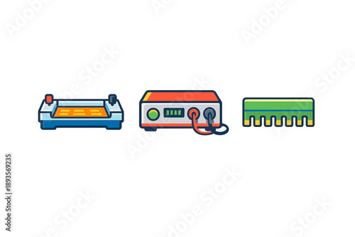 Different types of equipment used in electronic projects showing a PCB board, a power supply, and a memory chip in a workshop setting