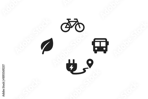 Symbols representing modes of transport and energy sources surrounding a central location point, signifying the importance of sustainable travel choices in urban planning