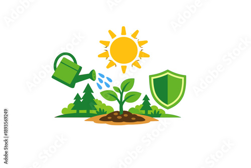 Gardening activity showing a watering can pouring water on a small plant with a sun and shield symbol for protection in a nature setting