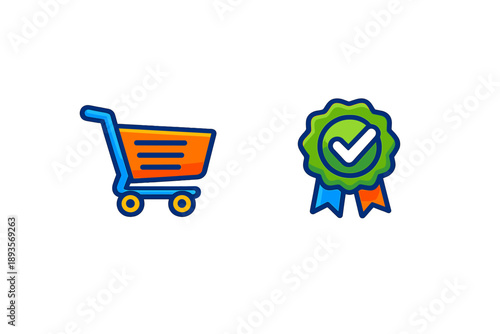 Shopping cart and quality badge icons represent online shopping and product assurance in a digital format