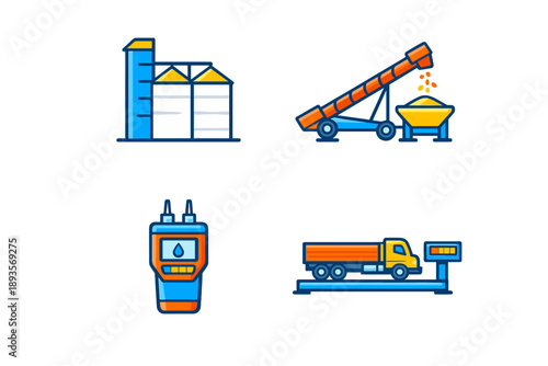 Complex of storage silos, conveyor equipment, measuring device, and truck scale seen in an industrial area during the daytime