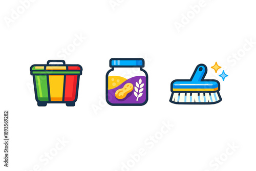 Colorful trash can, jar of peanuts, and cleaning brush are shown together in this simple design that highlights everyday items and their uses in daily life
