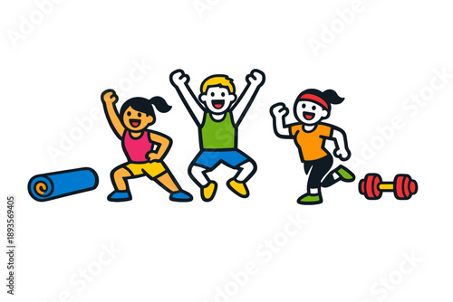 Three people exercising together in a bright setting, celebrating physical activity and fitness through joyful movement