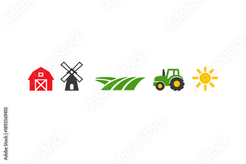 Farm setting shows barn, windmill, fields, tractor, and sun during daytime with clear sky and focus on agricultural activities