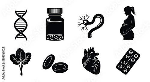 Medical and biological symbols including dna pills and a pregnant woman