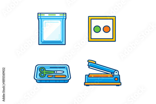 Collection of tools and materials for packaging and sealing items for storage or shipment in a clean workspace environment