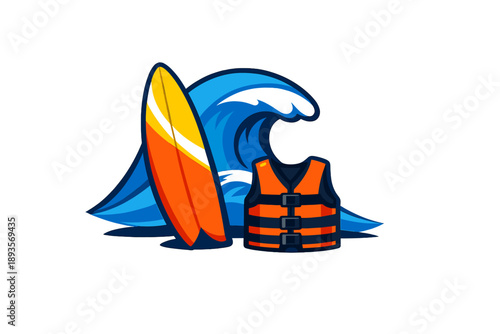 Surfboard and life vest with ocean wave in the background during a sunny day at the beach