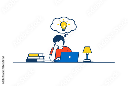 Person thinks while working on a laptop at a desk with books and a lamp during daytime